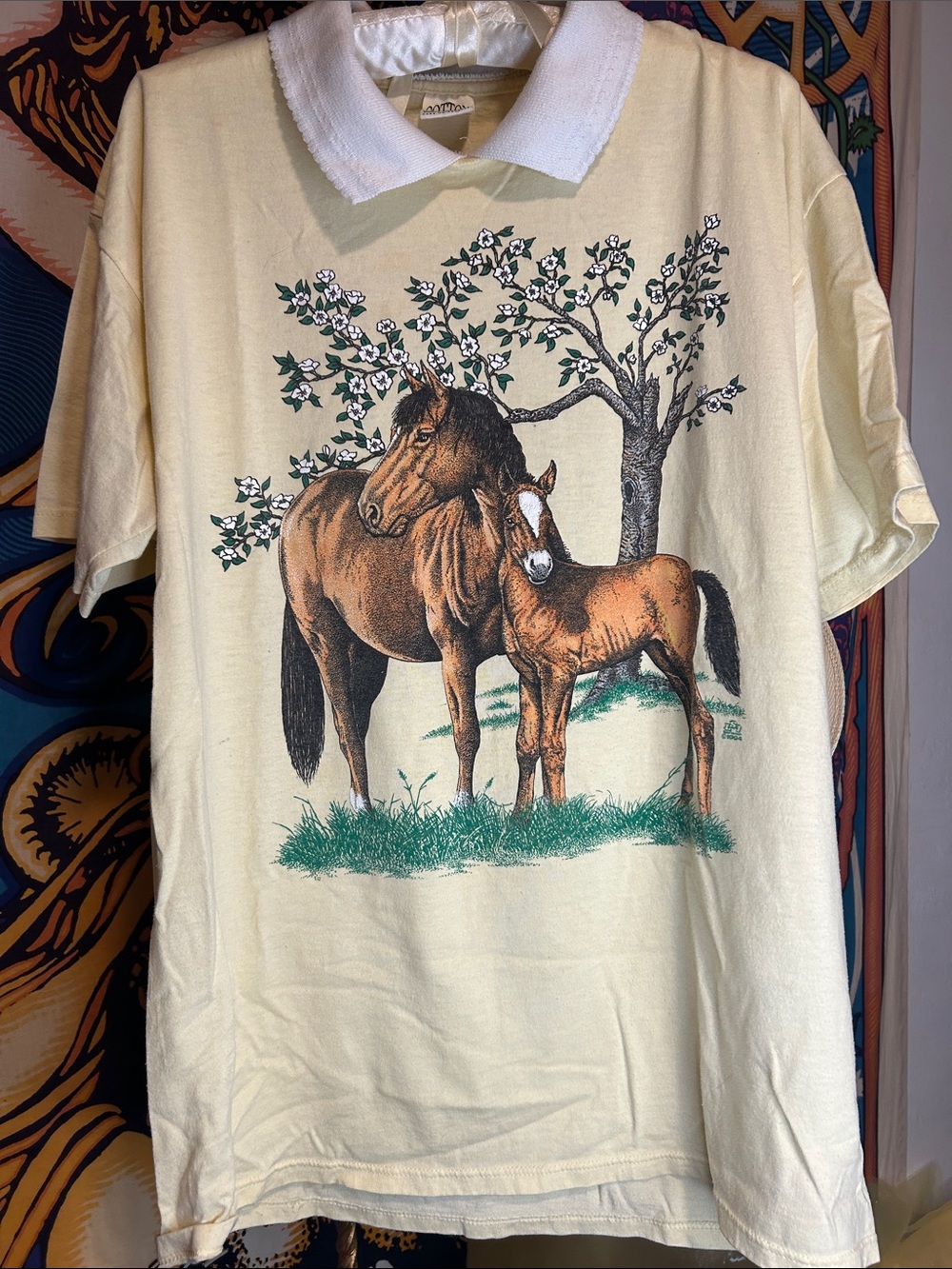 Vintage Soft Cream Women’s Polo Tee with Horse Print